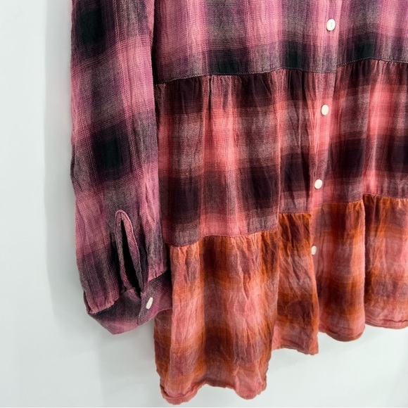 J. Jill Top Women’s Ombré Pink Orange Flannel Plaid Button Up Long Sleeves Tunic - Picture 5 of 10